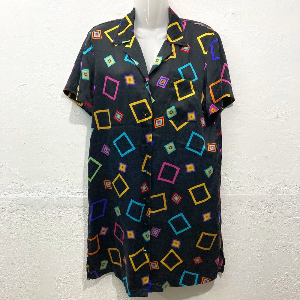 Judith Hart Fine Sleepwear Black Silk Nightgown Short Sleeve Geometric Retro S